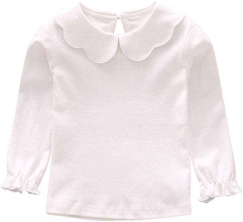 Baby Girl Kids Blouses Long Sleeves Solid Color Doll Collar T-Shirt Top Bottom (White, 4-5T)
